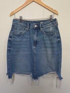 High-Rise Blue Denim Mini Skirt with Raw Hem